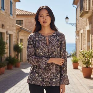 J Jill Top Womens M Petite Keyhole Blouse Floral Bell Sleeve Bohemian Whimsigoth